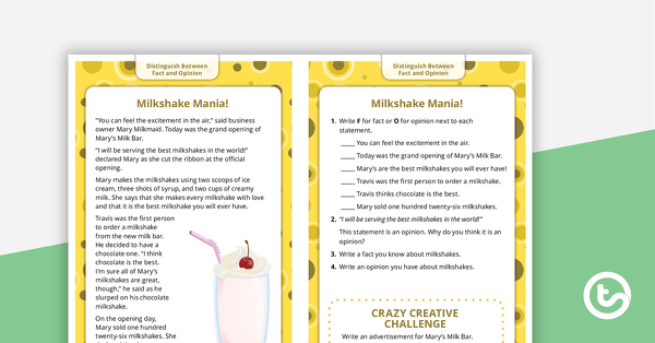 Go to Comprehension Task Cards - Distinguishing Between Fact and Opinion teaching resource