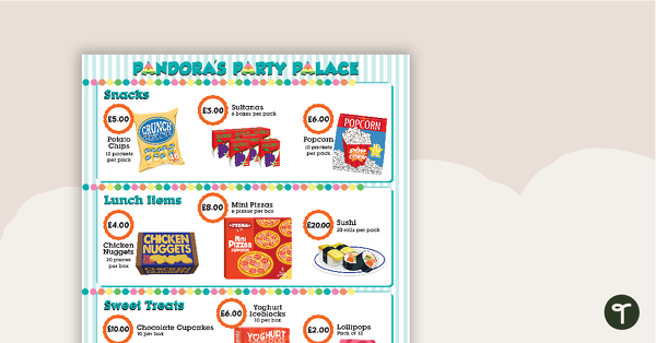 Go to Pandora's Party Palace Maths Activity – Lower Years teaching resource