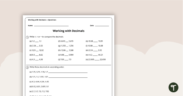 Go to Compare and Order Decimals – 5th Grade Math Worksheet teaching resource