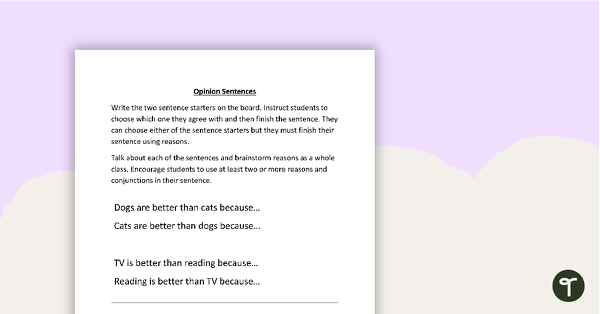 Go to Opinion Sentence Worksheet teaching resource