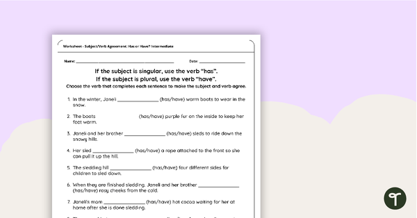 Go to Has/Have Subject Verb Agreement Worksheet teaching resource