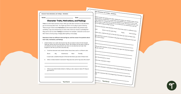 Go to Character Traits, Motivations and Feelings Worksheet teaching resource