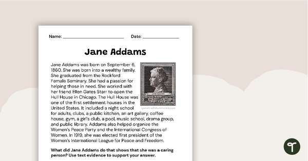 Go to Jane Addams Biography - Worksheet teaching resource