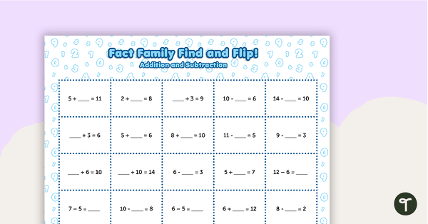 Go to Fact Family Find and Flip - Addition and Subtraction Up to 20 teaching resource