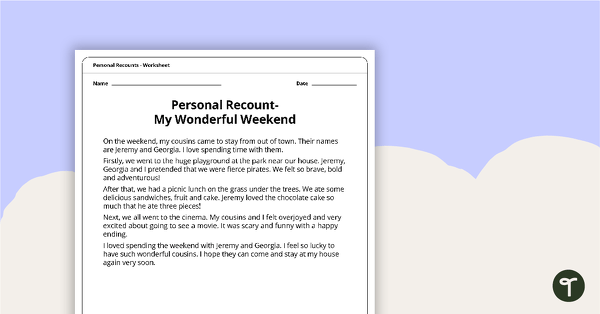 Go to Personal Recounts Worksheet - My Wonderful Weekend teaching resource