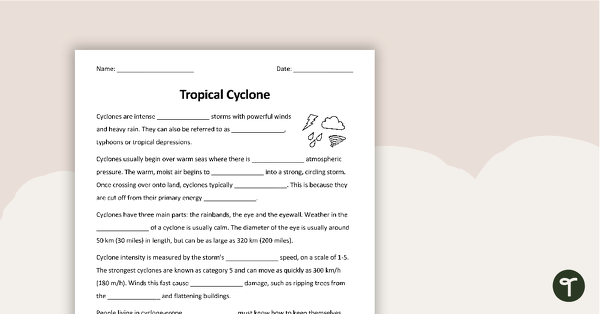 Go to Tropical Cyclone Cloze Worksheet teaching resource