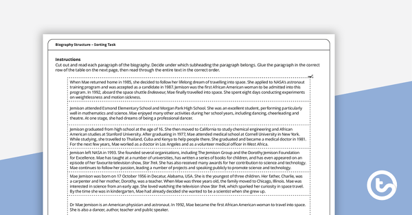 Go to Biography Structure Sorting Worksheets teaching resource