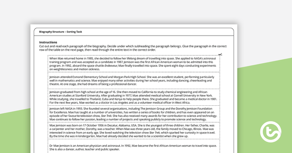 Go to Dr Mae Jemison – Biography Structure Sorting Task teaching resource