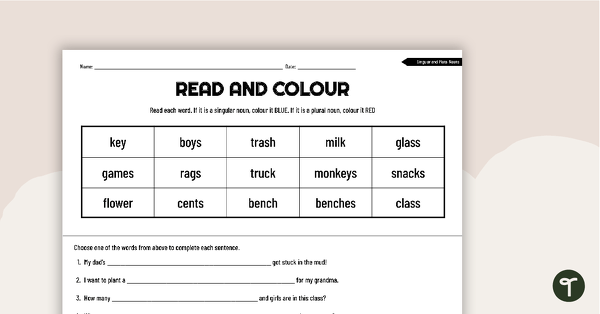 Go to Read and Colour Worksheet – Singular and Plural Nouns teaching resource