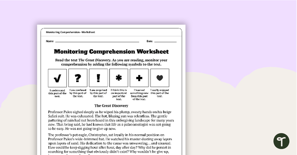 Go to Monitoring Comprehension Worksheet teaching resource