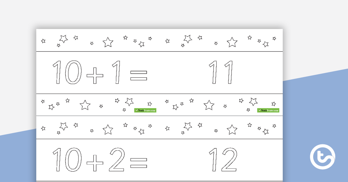 10 to 100 Two-Digit Plus One-Digit Addition Flashcards – Stars BW (Horizontal) teaching-resource