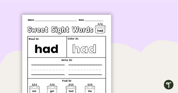 Go to Sweet Sight Words Worksheet - HAD teaching resource