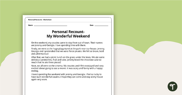 Go to Personal Recounts Worksheet - My Wonderful Weekend teaching resource