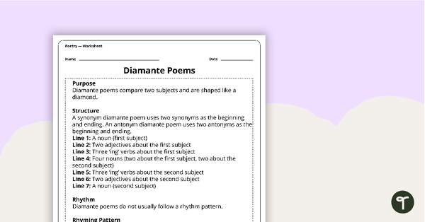 Go to Writing a Diamante Poem Worksheet teaching resource