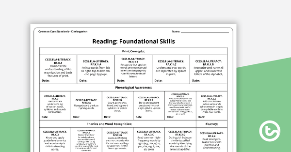 Go to Common Core State Standards Progression Trackers - Kindergarten - Reading: Foundational Skills teaching resource