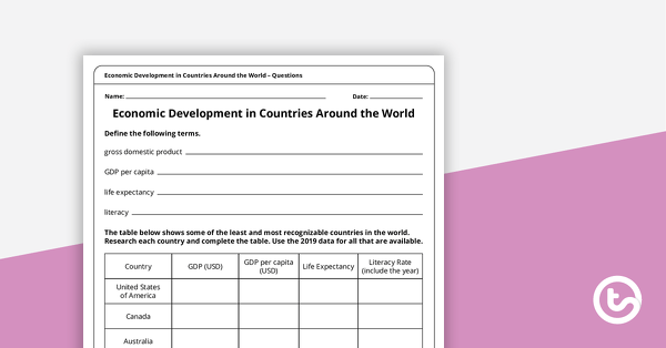 Go to Economic Development in Countries Around the World – Worksheet teaching resource