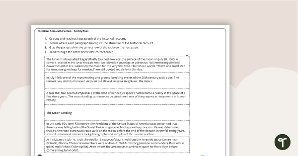 Go to The Moon Landing - Historical Recount Structure Sorting Task teaching resource