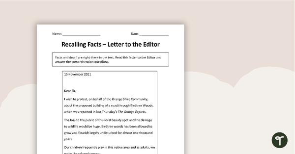 Go to Recalling Facts - Letter to the Editor Activity teaching resource