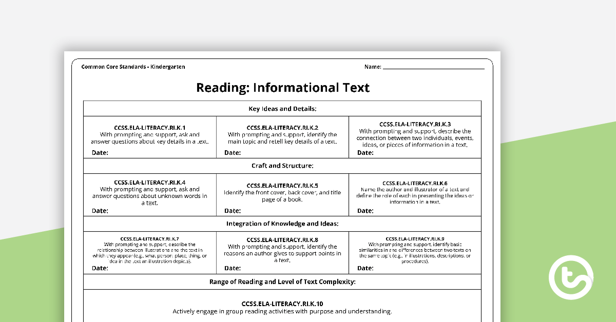 Common Core State Standards Progression Trackers - Kindergarten - Reading: Informational Text teaching-resource