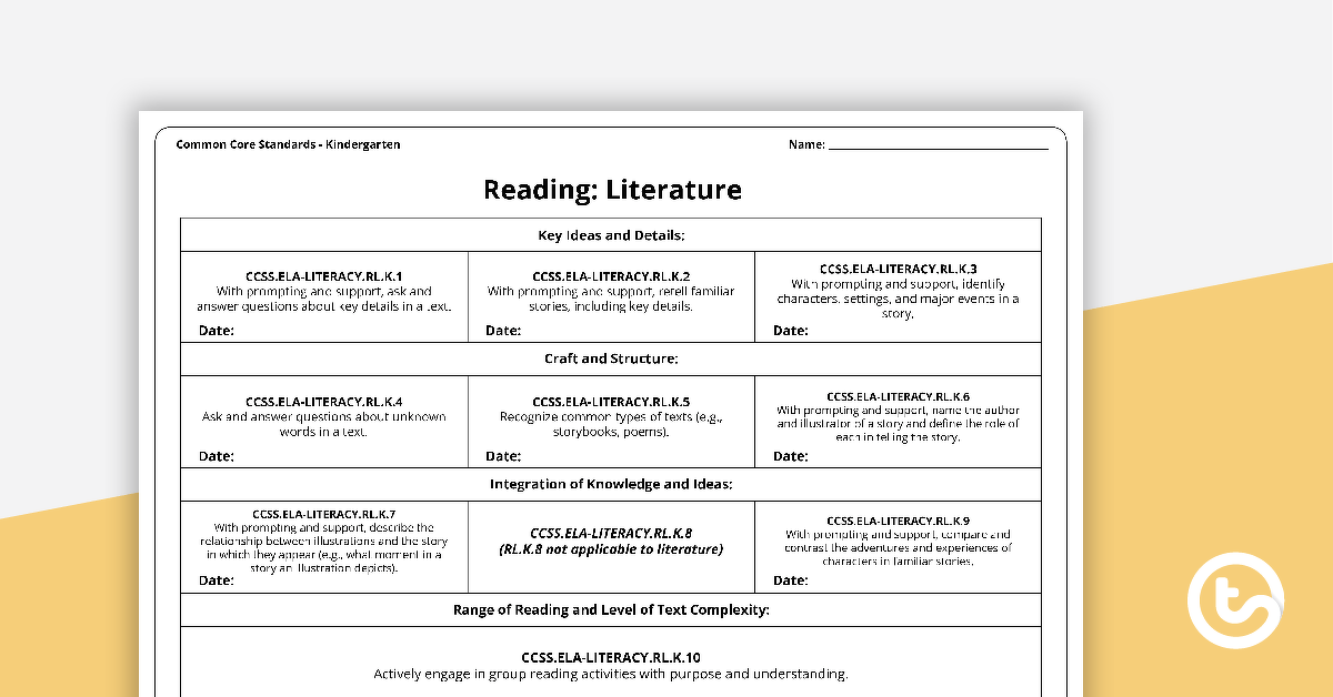 Common Core State Standards Progression Trackers - Kindergarten - Reading: Literature teaching-resource