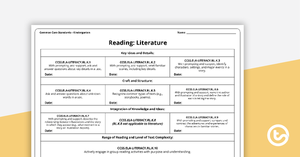 Go to Common Core State Standards Progression Trackers - Kindergarten - Reading: Literature teaching resource