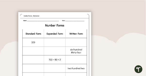 Go to Number Forms Worksheet teaching resource