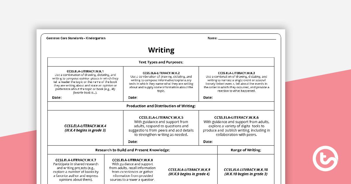 Common Core State Standards Progression Trackers - Kindergarten - Writing teaching-resource