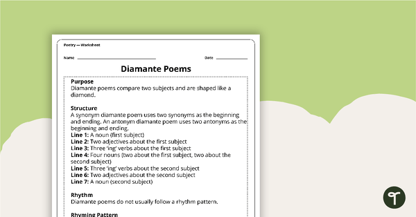 Go to Write a Diamante Poem Worksheet teaching resource