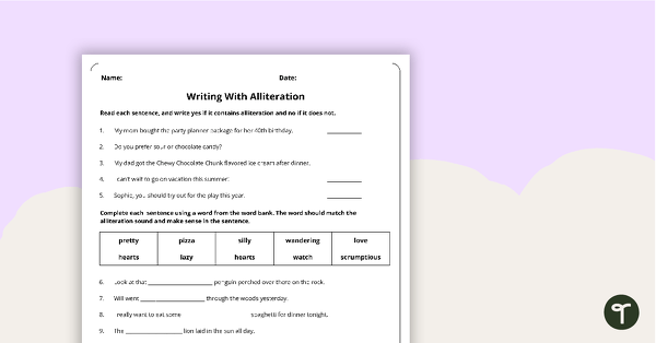 Go to Writing With Alliteration Worksheet teaching resource