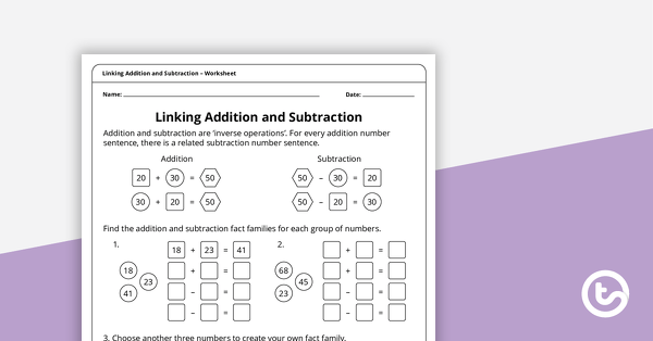 Go to Linking Addition and Subtraction Worksheet teaching resource