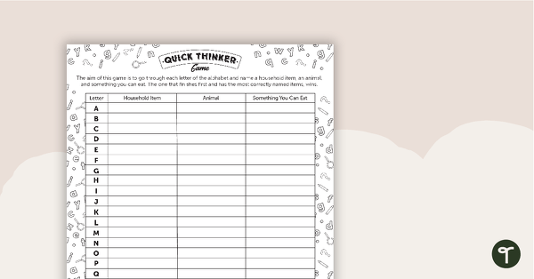 Go to Quick Thinker Game for Kids Worksheet teaching resource