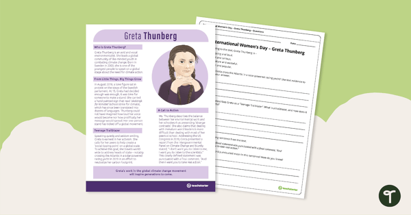 Go to Inspirational Woman Profile: Greta Thunberg – Comprehension Worksheet teaching resource