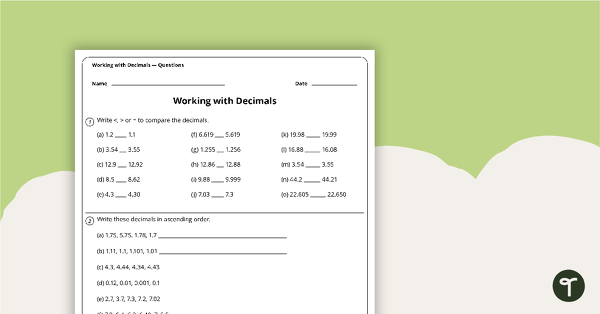 Go to Compare and Order Decimals Worksheet teaching resource