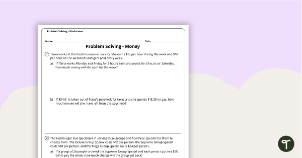 Go to Problem Solving Worksheet - Money teaching resource