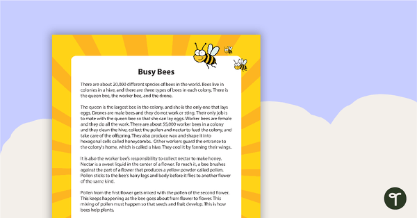 Go to Reading Worksheets - The Business of Bees (5th Grade) teaching resource