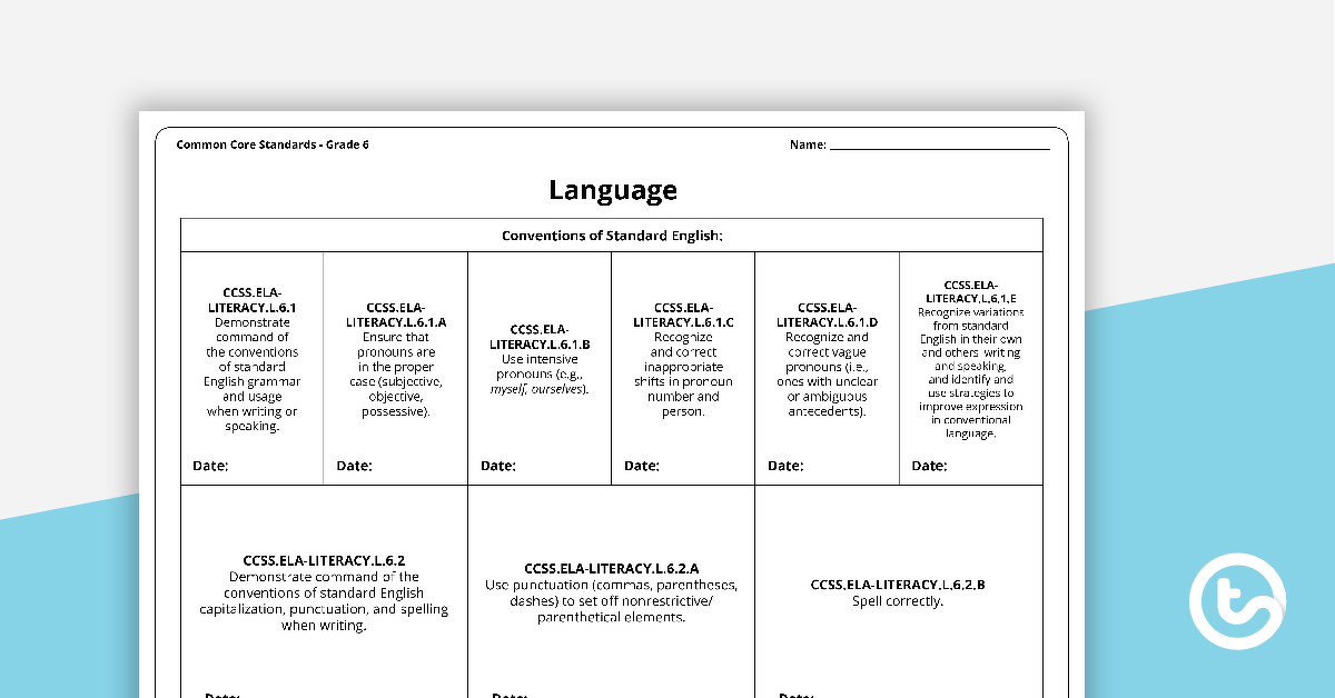 Common Core State Standards Progression Trackers - Grade 6 - Language teaching-resource