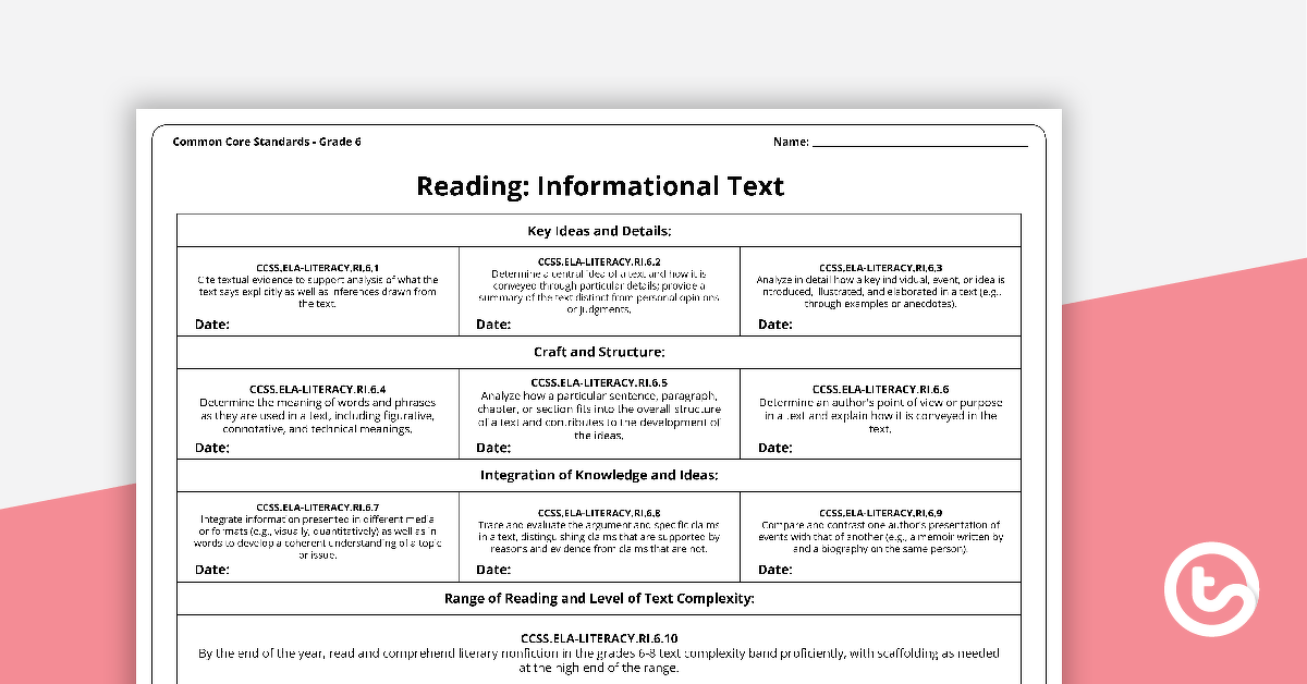 Common Core State Standards Progression Trackers - Grade 6 - Reading: Informational Text teaching-resource