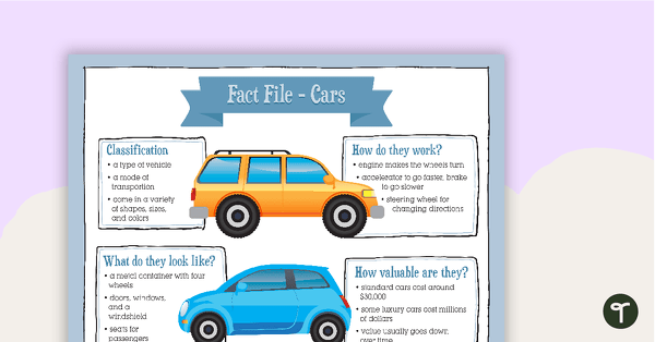 Go to Cars Fact File and Report Writing Scaffold teaching resource