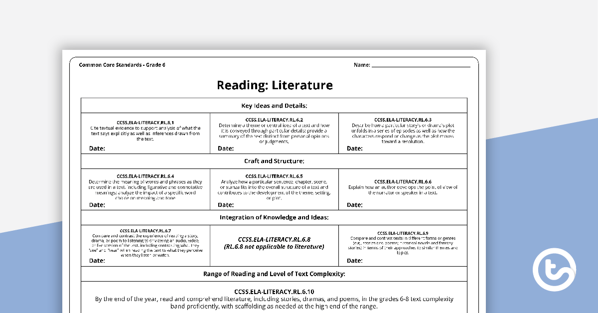 Common Core State Standards Progression Trackers - Grade 6 - Reading: Literature teaching-resource