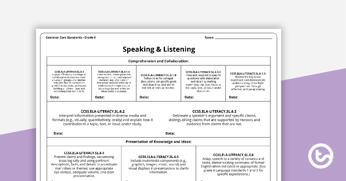 Common Core State Standards Progression Trackers - Grade 6 - Speaking & Listening teaching-resource