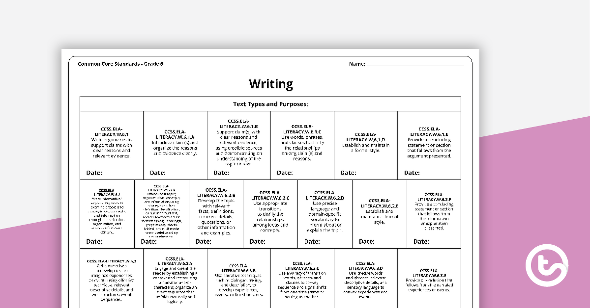 Common Core State Standards Progression Trackers - Grade 6 - Writing teaching-resource