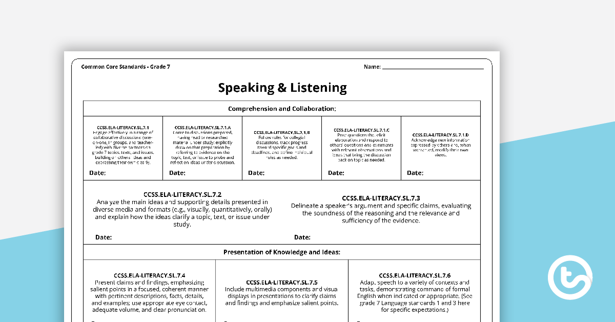 Common Core State Standards Progression Trackers - Grade 7 - Speaking & Listening teaching-resource