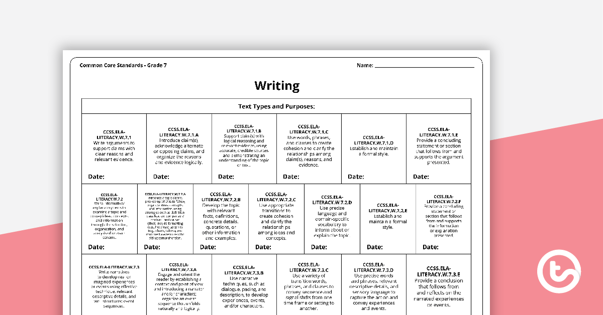 Common Core State Standards Progression Trackers - Grade 7 - Writing teaching-resource