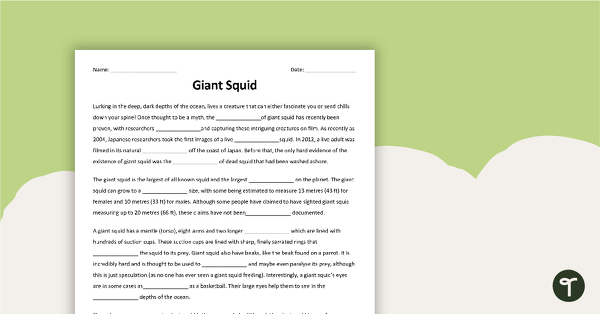 Go to Giant Squid Cloze Worksheet teaching resource