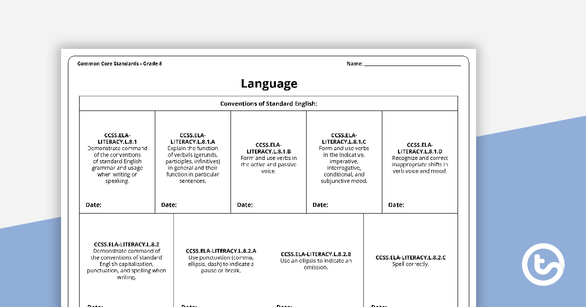 Common Core State Standards Progression Trackers - Grade 8 - Language teaching-resource