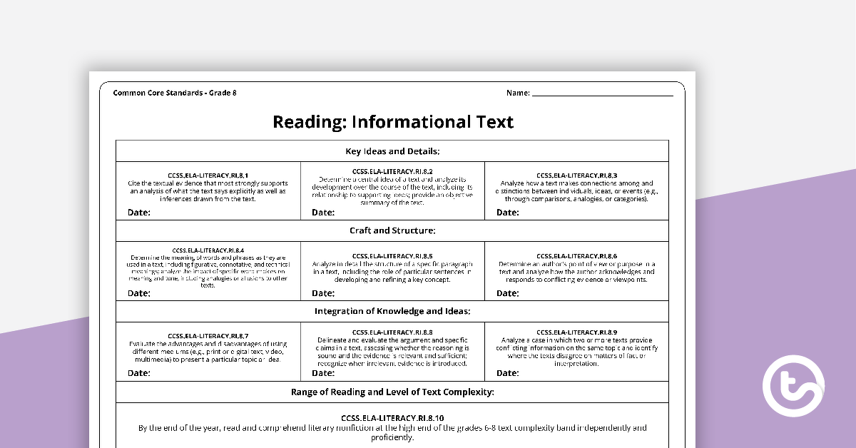 Common Core State Standards Progression Trackers - Grade 8 - Reading: Informational Text teaching-resource