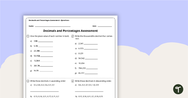 Go to Decimals and Percentages Assessment - Year 5 and Year 6 teaching resource