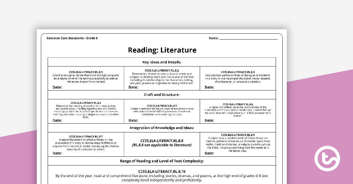 Common Core State Standards Progression Trackers - Grade 8 - Reading: Literature teaching-resource