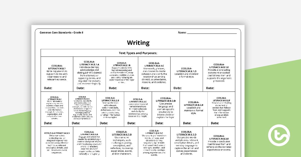 Common Core State Standards Progression Trackers - Grade 8 - Writing teaching-resource