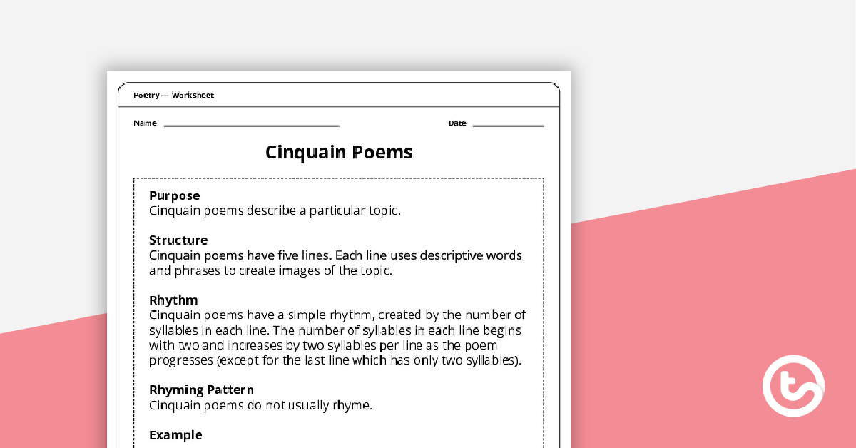 Write a Cinquain Poem Worksheet teaching-resource